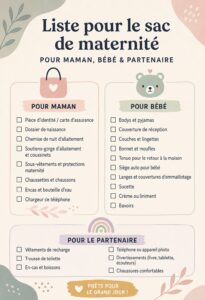Un sac d'hôpital complet avec des essentiels pour maman et bébé, prêt pour le séjour à l'hôpital.