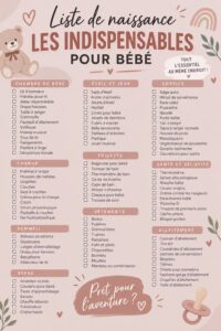 Liste d'articles essentiels pour les nouveaux parents avec un assortiment d'articles pour bébé.