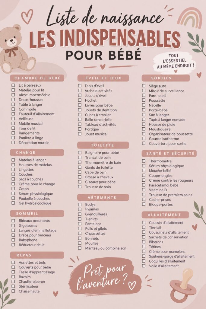 Liste d'articles essentiels pour les nouveaux parents avec un assortiment d'articles pour bébé.