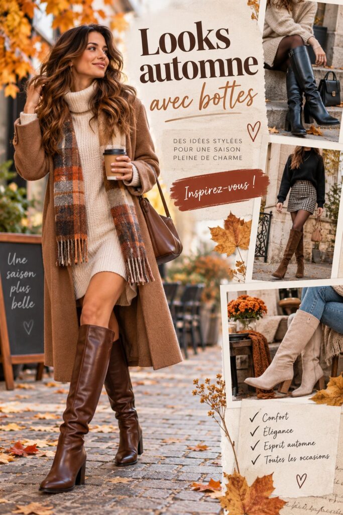 Une femme portant un élégant look d'automne avec des bottes en cuir et une écharpe.