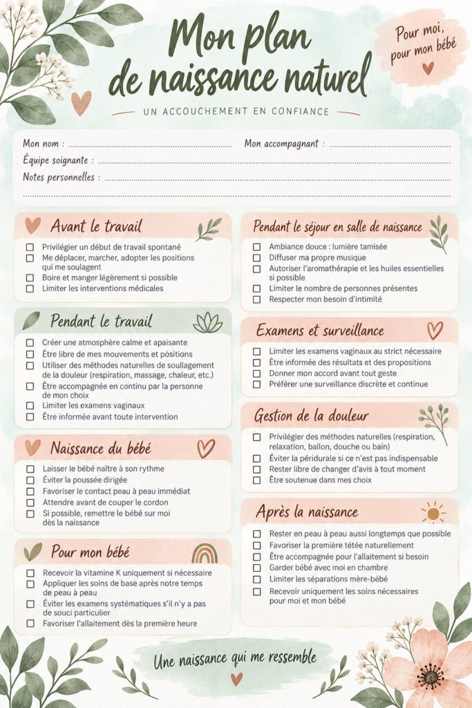 Modèle imprimable d'un plan de naissance naturel, conçu pour aider les futures mamans