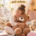 Un enfant souriant tenant un ours en peluche doux dans ses bras.