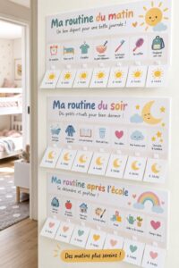 Un enfant heureux devant un tableau de routine coloré pour les matins.