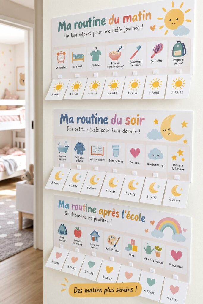 Un enfant heureux devant un tableau de routine coloré pour les matins.