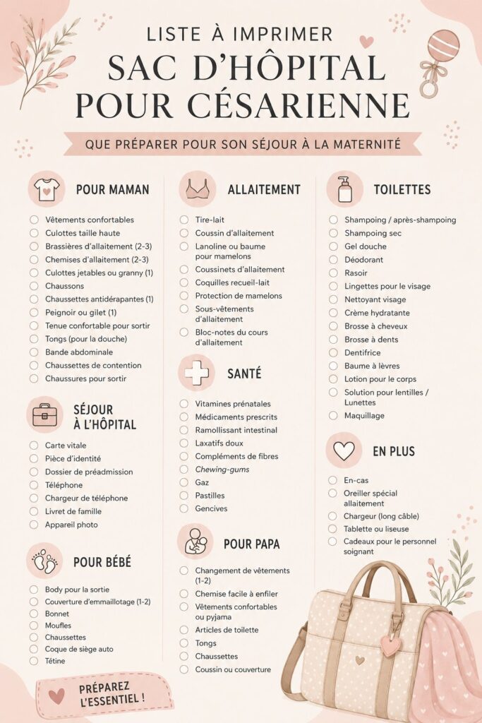Sac d'hôpital préparé pour une césarienne avec des vêtements et accessoires essentiels