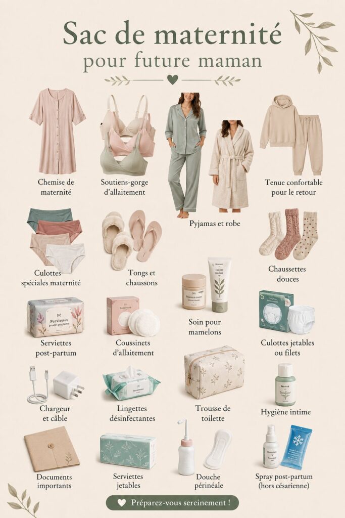 Sac d'hôpital préparé pour une future maman avec des essentiels de maternité.