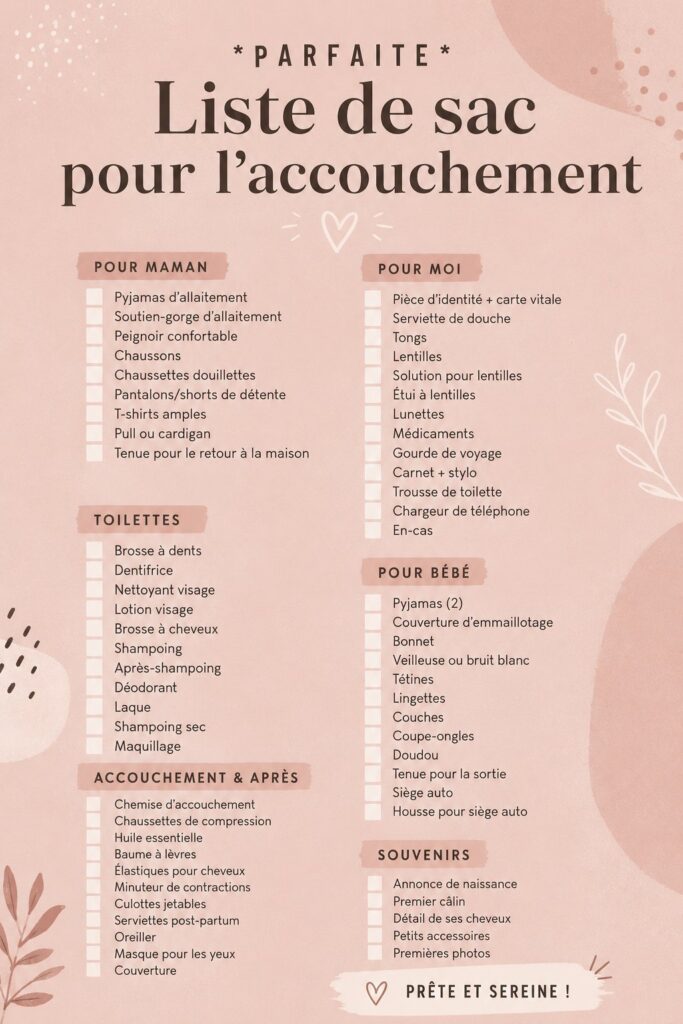 Sac de maternité ouvert avec des articles essentiels pour la naissance de bébé.