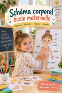 Enfants jouant à un jeu d'apprentissage sur le schéma corporel en classe de maternelle
