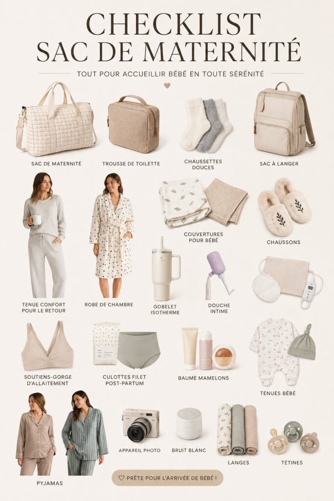 Sac d'hôpital prêt pour un accouchement avec des vêtements et articles de maternité.
