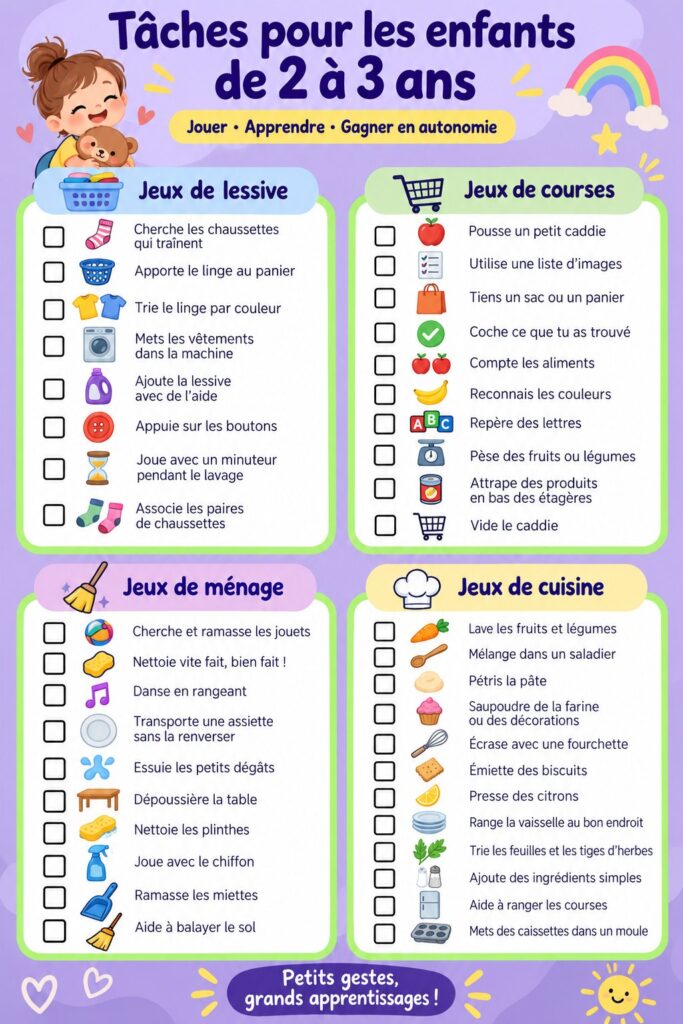 Un enfant de 3 ans range ses jouets dans un panier coloré.