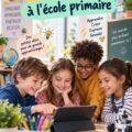 Enfants utilisant des tablettes à l'école pour apprendre