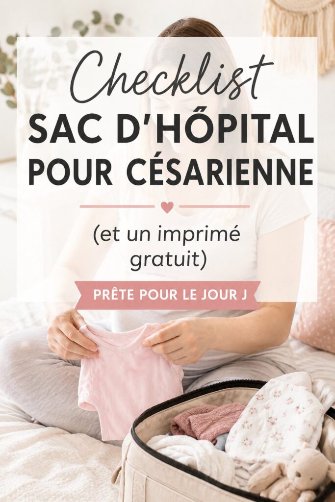 Valise de maternité préparée pour une césarienne avec divers articles essentiels.