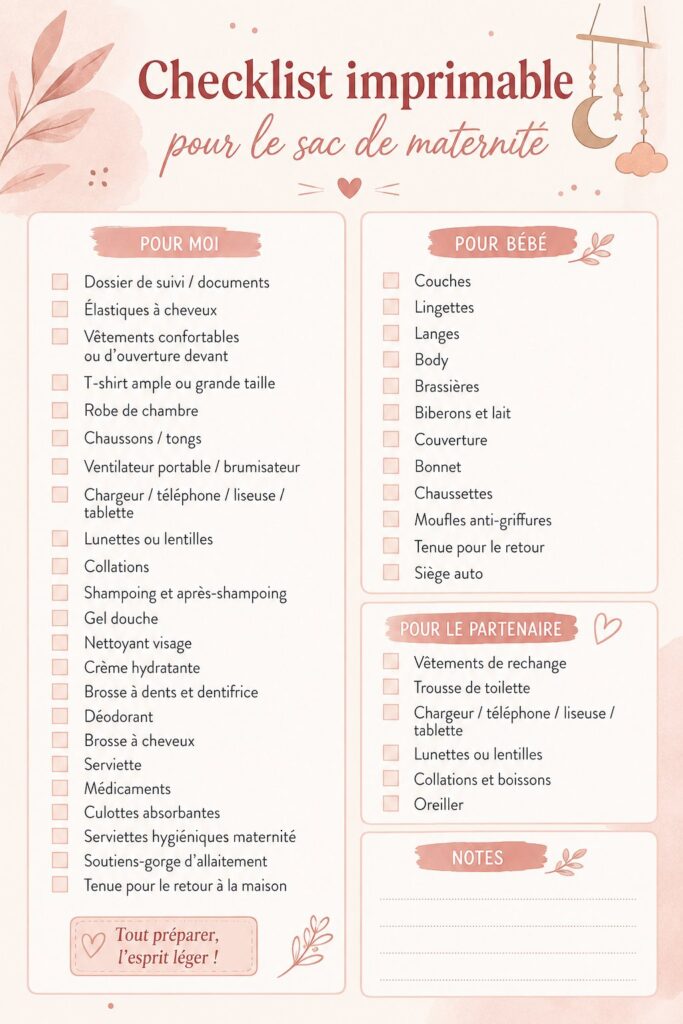 Valise de maternité prête avec des essentiels pour le séjour à l'hôpital.
