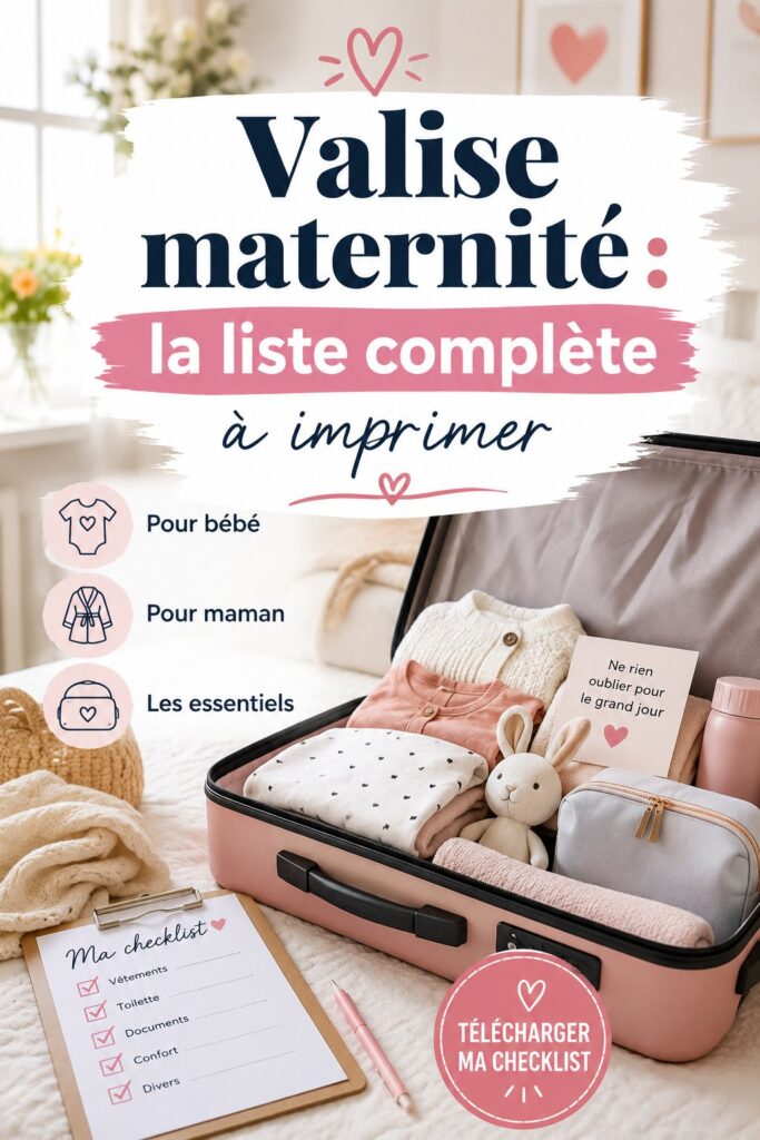 Une valise de maternité ouverte avec des articles essentiels à l'intérieur.