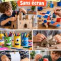 Garçons bricolant ensemble des activités créatives à l'intérieur.