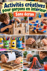 Garçons bricolant ensemble des activités créatives à l'intérieur.