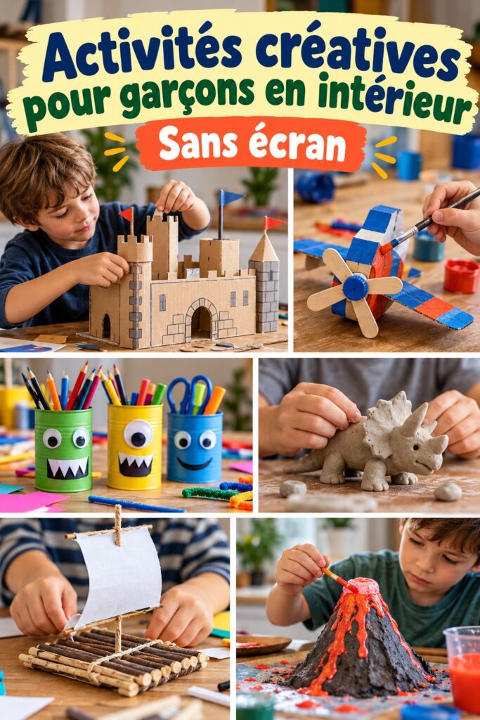 Garçons bricolant ensemble des activités créatives à l'intérieur.