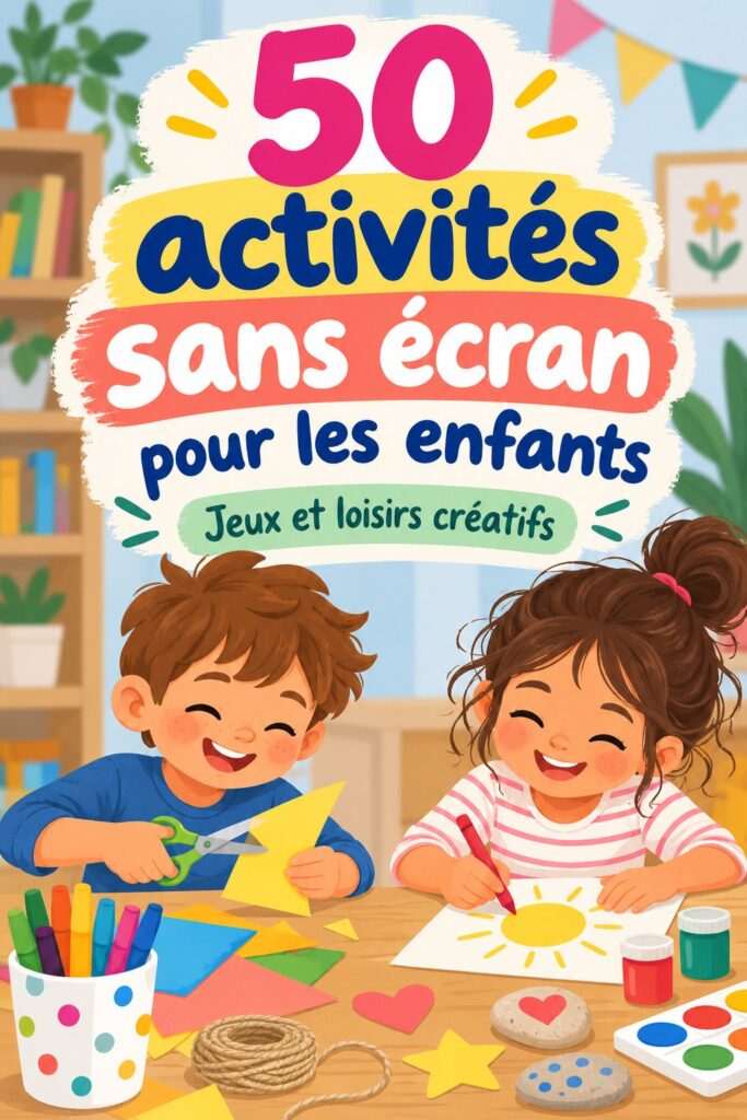 Un enfant souriant en train de dessiner sur une table avec des crayons de couleur, illustrant des activités sans écran.