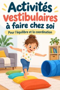 Un enfant s'amuse avec des objets colorés pour stimuler son équilibre à la maison.