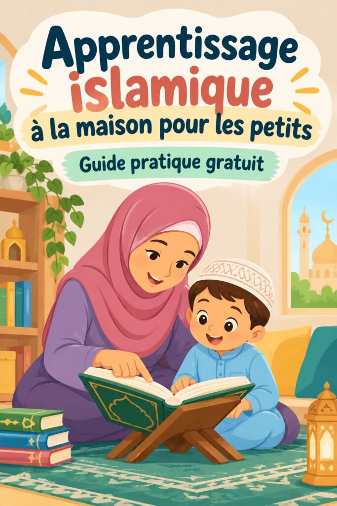 Un enfant souriant lisant un livre d'apprentissage islamique à la maison.
