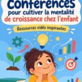Une image de conférences pour enfants, illustrant des jeunes attentifs appréciant une présentation sur la mentalité de croissance.