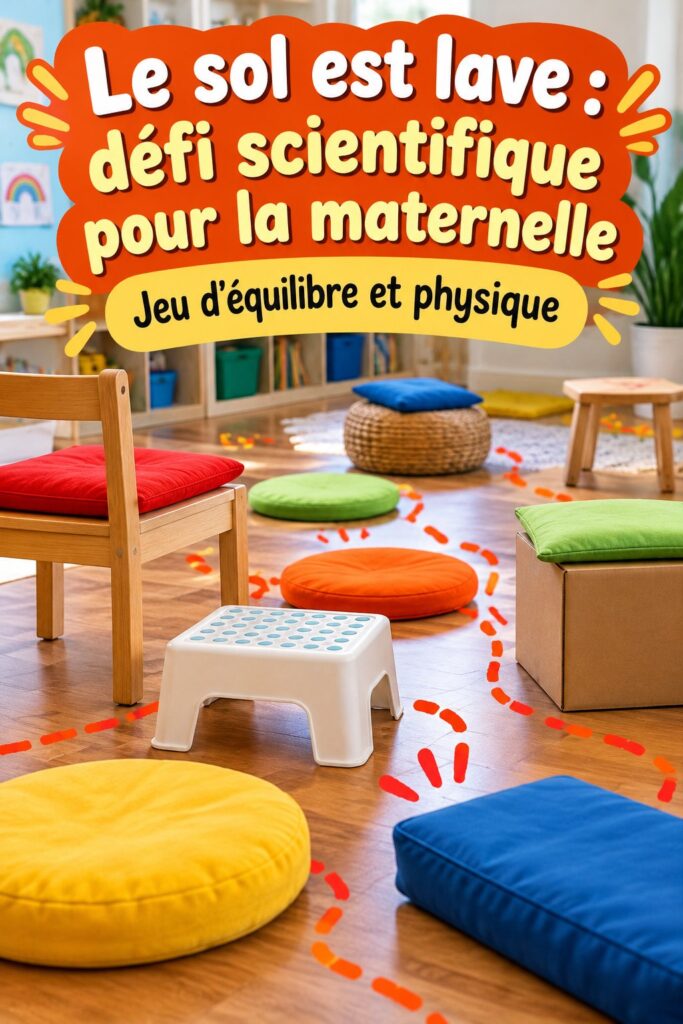 Élèves de maternelle s'amusant avec le défi éducatif 'Le sol est lave'