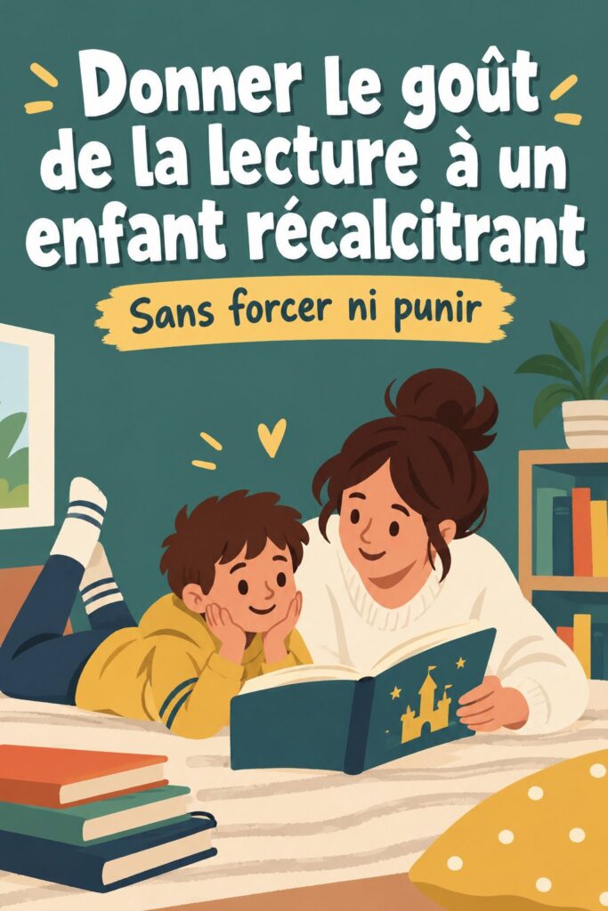 Un enfant heureux lit un livre dans un coin lecture confortable avec des coussins.