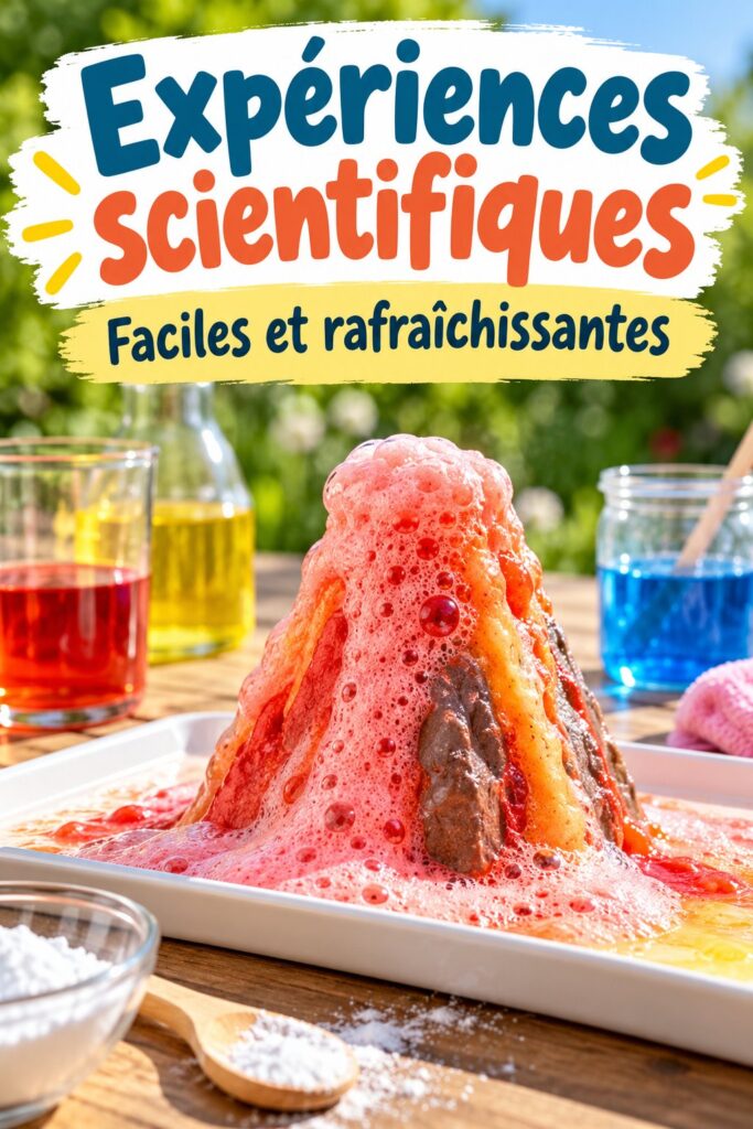Une famille réalise des expériences scientifiques en extérieur pendant l'été, avec des enfants enthousiastes.