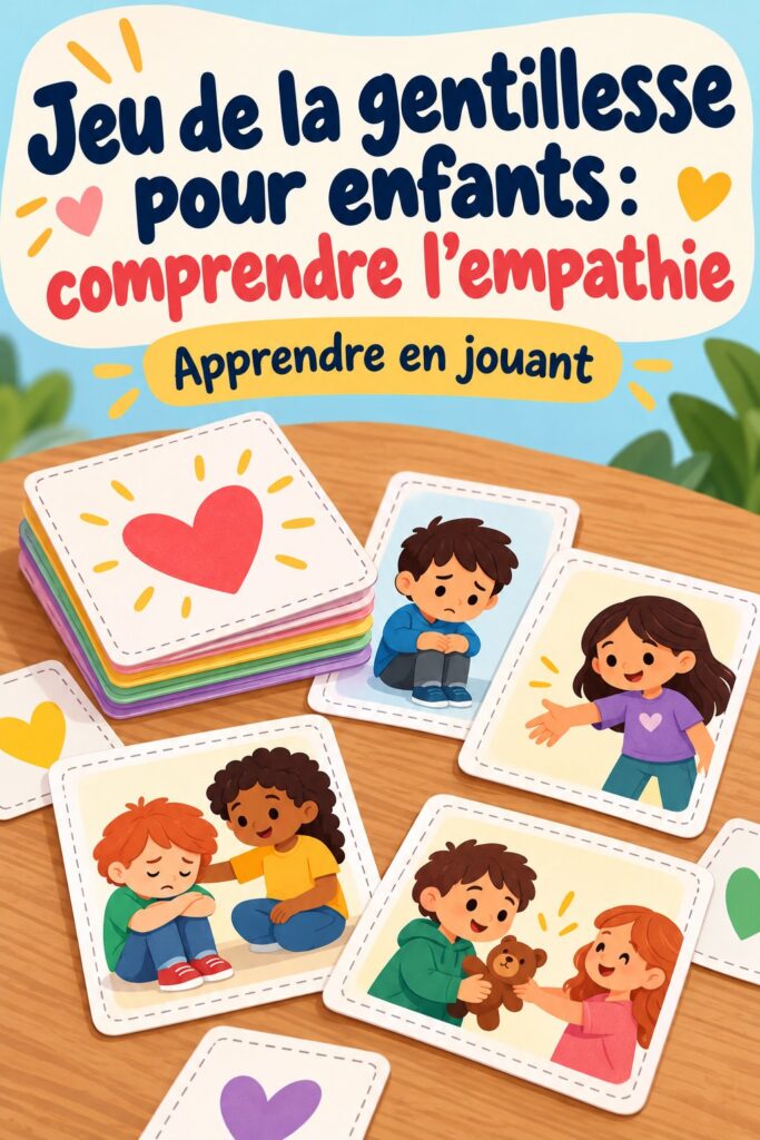 Jeu de la gentillesse pour enfants, illustrant des enfants jouant ensemble avec des cartes.