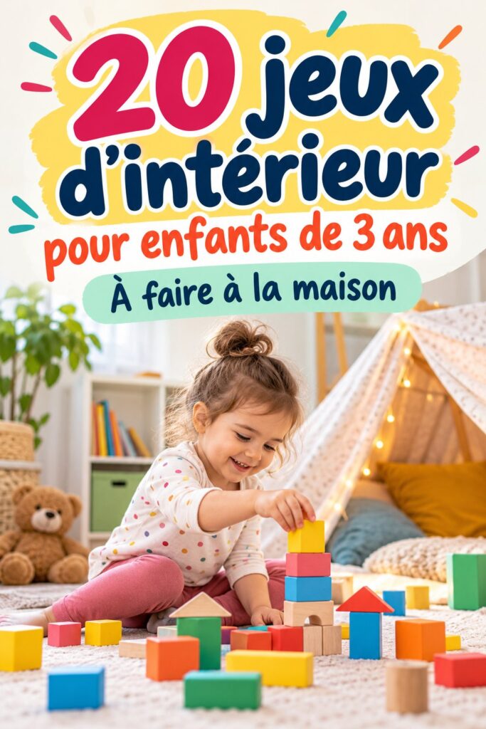 Un enfant de 3 ans jouant avec des jeux d'intérieur colorés, entouré de jouets créatifs.
