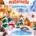 Un paysage hivernal décoré pour des enfants de maternelle avec des flocons en papier et des animaux en carton.