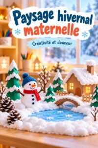 Un paysage hivernal décoré pour des enfants de maternelle avec des flocons en papier et des animaux en carton.