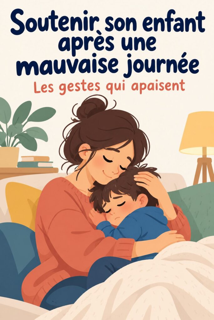 Un parent réconforte son enfant après une mauvaise journée, utilisant une approche bienveillante.