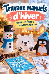 Des enfants assis autour d'une table, réalisant des travaux manuels d'hiver avec des fournitures colorées.